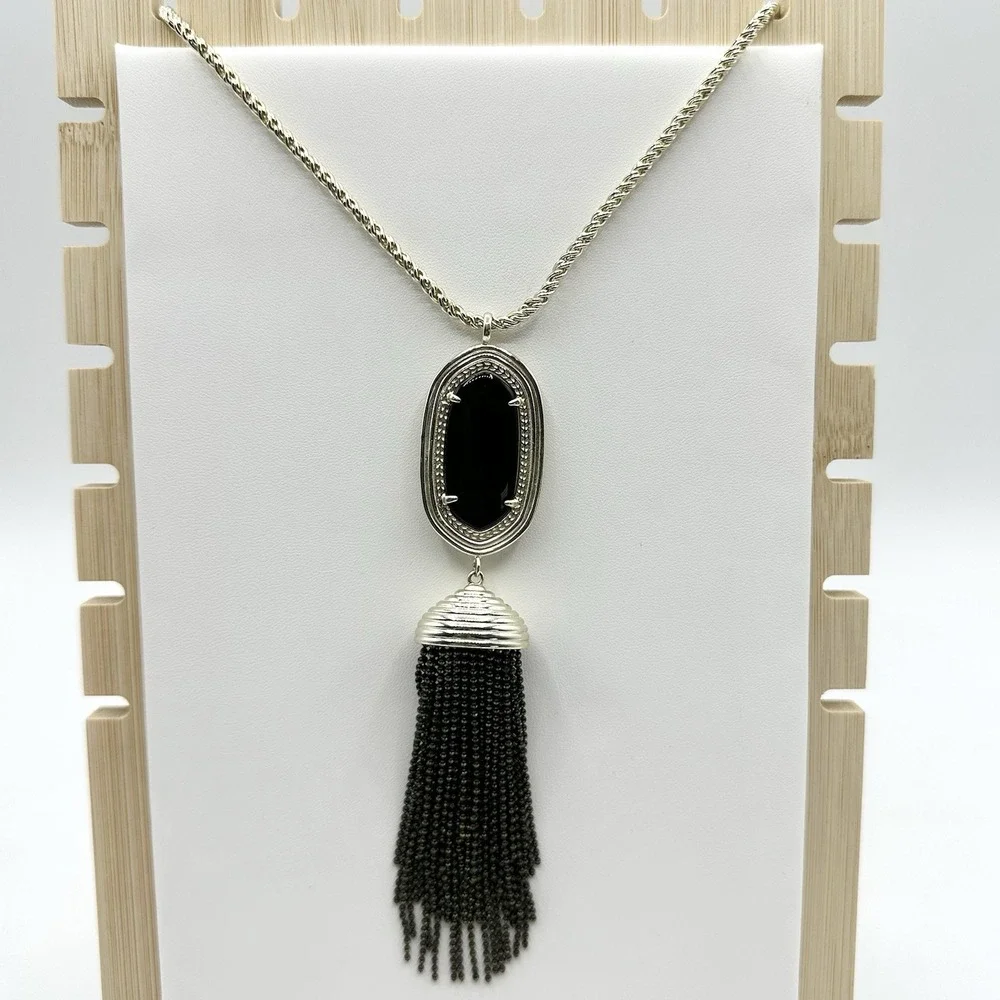 Kendra Scott Rayne Necklace Black Tassel Pendant Long Goldtone Chain